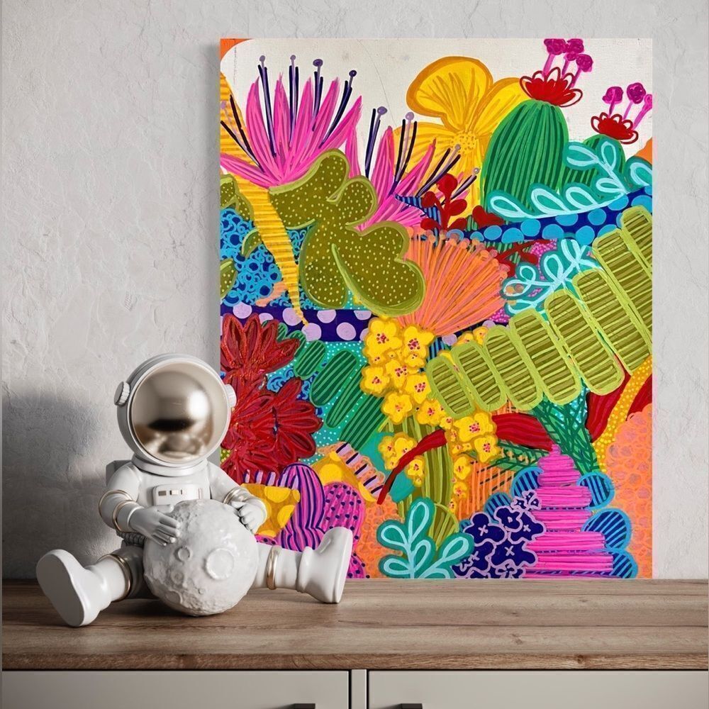 Custom Painted One of a Kind Neon Desert Cactus Funky Abstract Canvas Painting